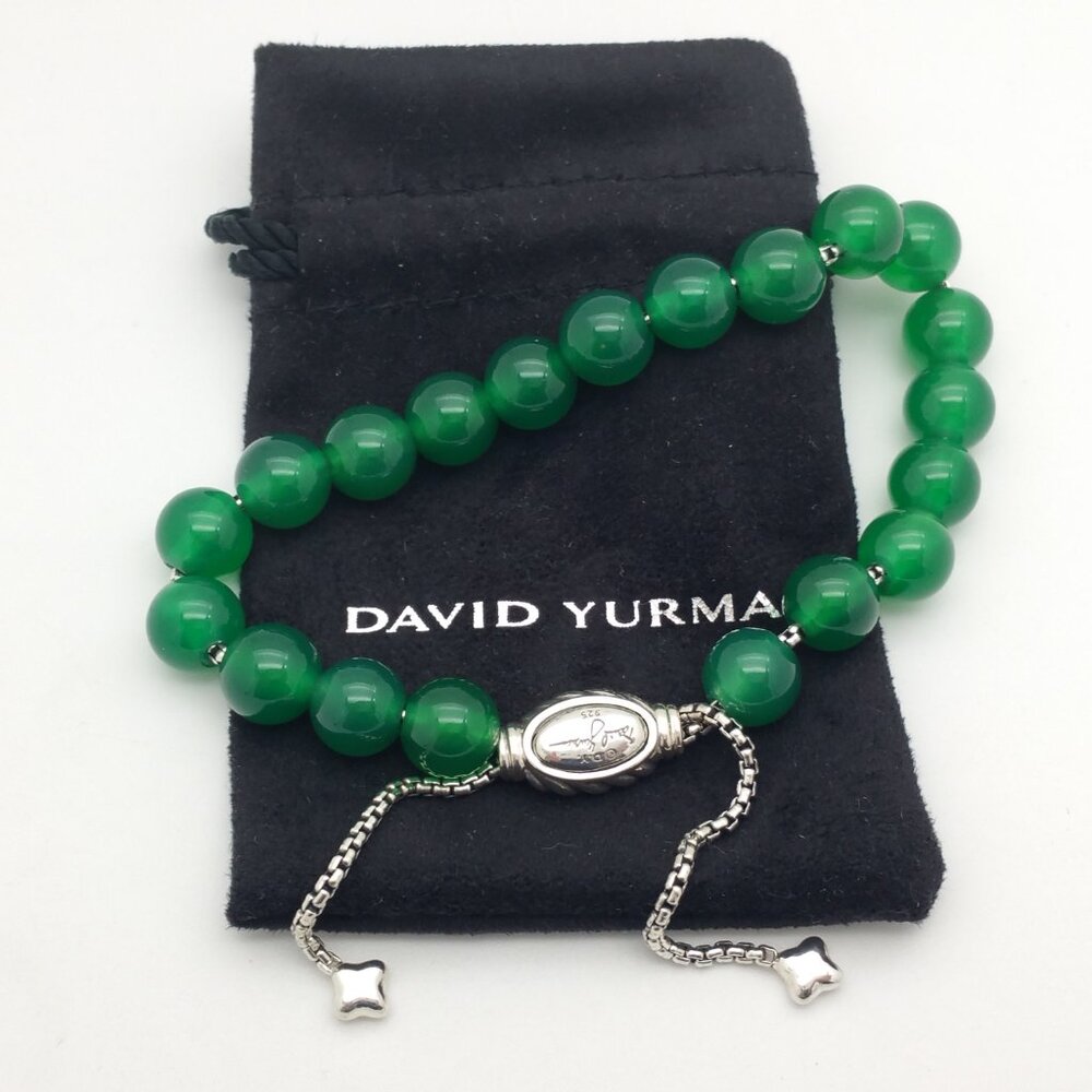 David Yurman Sterling Silver 8mm Green Onyx Spiritual Bead Beaded Pull Bracelet